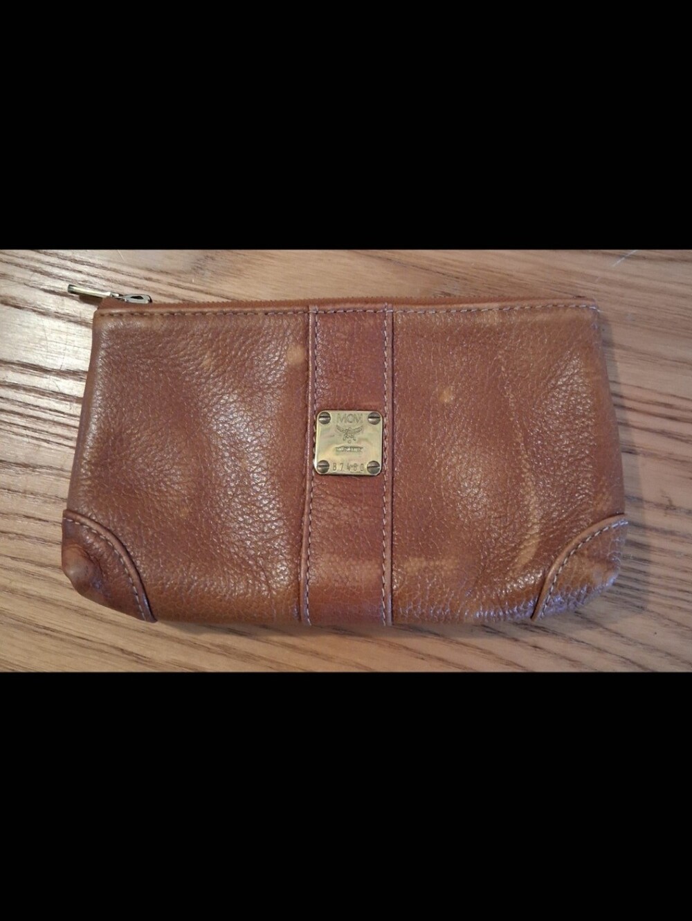 Vintage 80s MCM Distressed Tan Leather Neutral Clutch Card Wallet Coin Pouch Bag